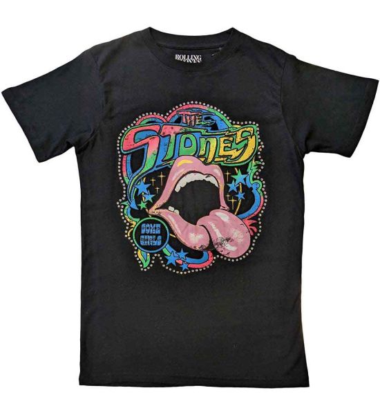 The Rolling Stones: Some Girls Neon Tongue (Embellished) - Faded Black T-Shirt