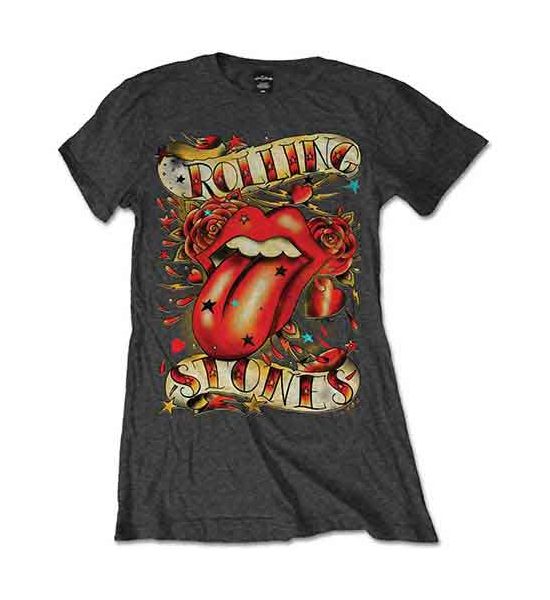 The Rolling Stones: Tongue & Stars - Ladies Charcoal Grey T-Shirt